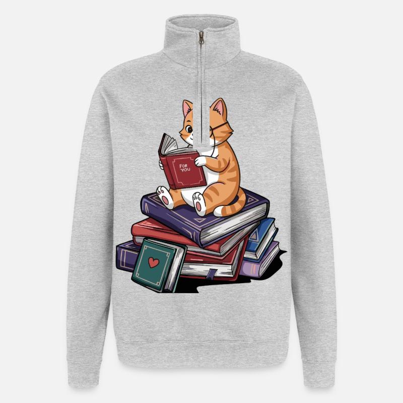 Bücherwurm-Katze Kätzchen liest Bücher Kunst - Quarter-Zip-Sweatshirt - Grau meliert