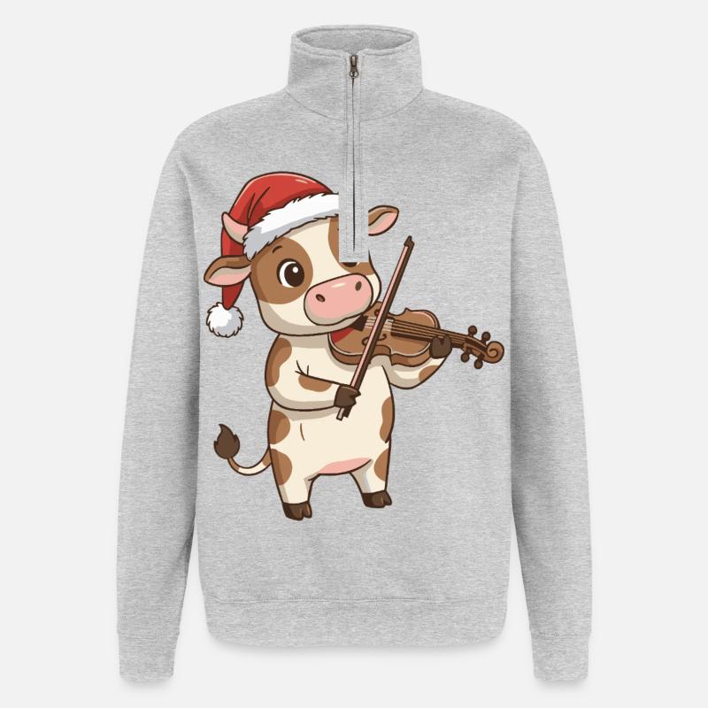 Weihnachtskuh-Farmtier spielt Geige - Quarter-Zip-Sweatshirt - Grau meliert