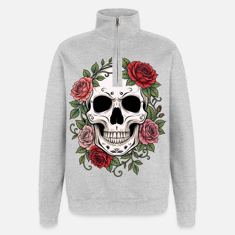 Skull & Red Roses, Gothic, Skull, Rock - Quarter-Zip-Sweatshirt - Grau meliert