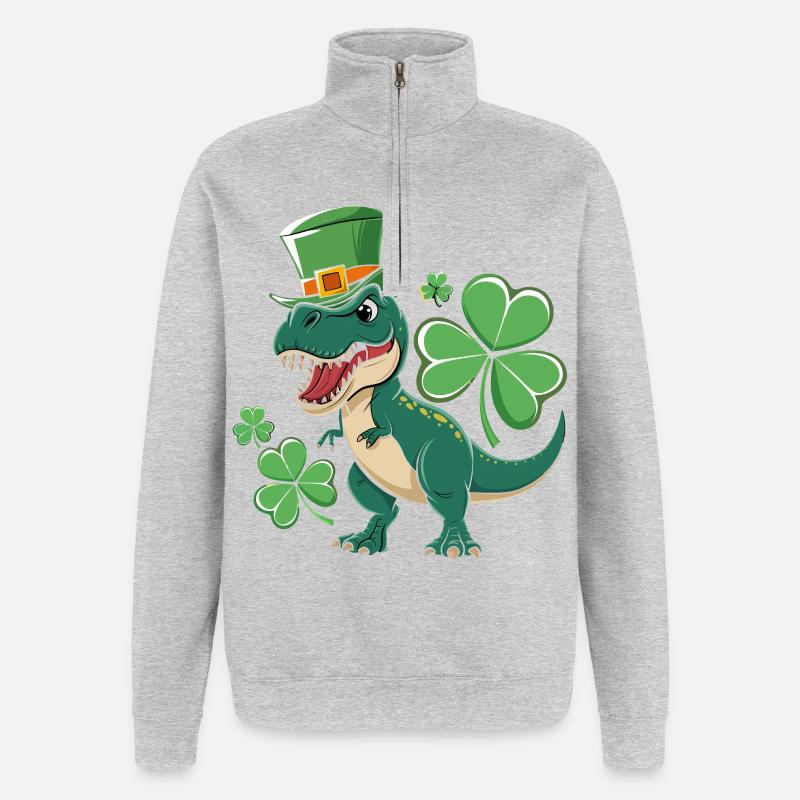 Dino vert avec chapeau de trèfle - Sweat à zip 1/4 - gris chiné