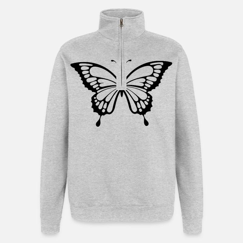 Crâne et papillon noir - Sweat à zip 1/4 - gris chiné