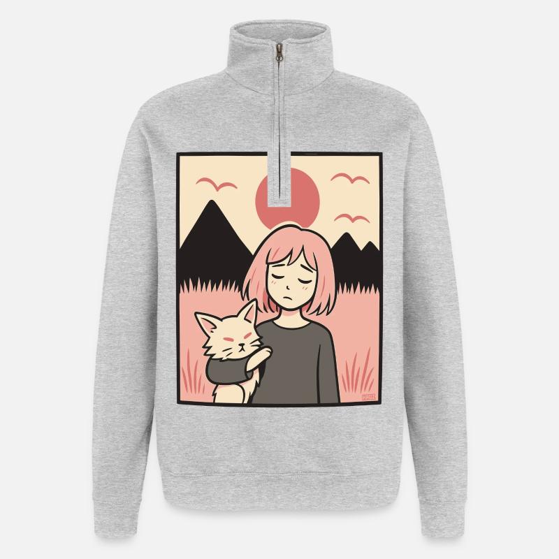 Mädchen mit Katze vor Bergen - Quarter-Zip-Sweatshirt - Grau meliert