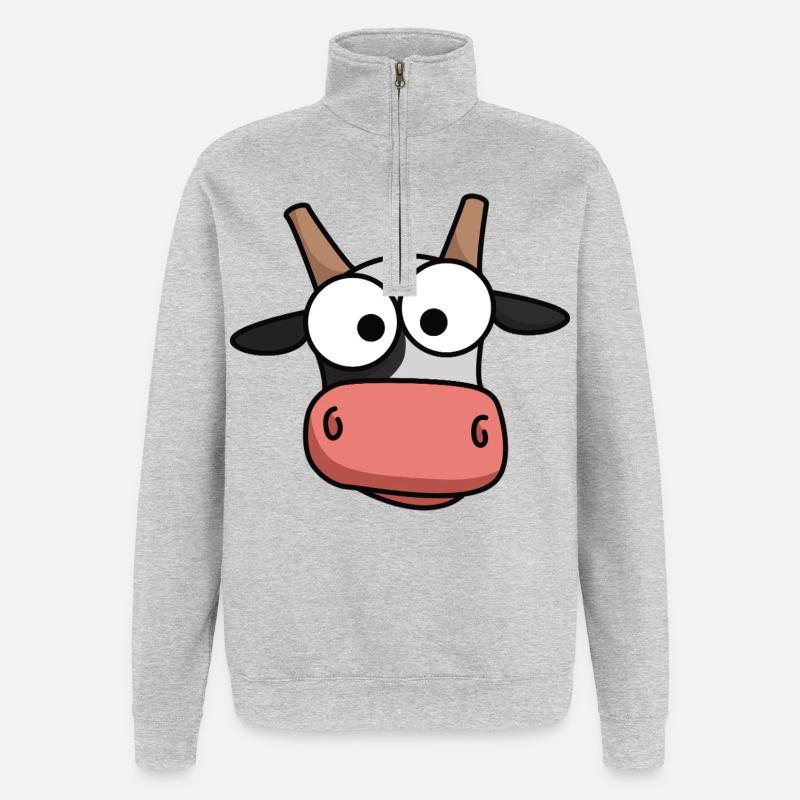 Kuh-Gesicht Comic mit großen Augen - Quarter-Zip-Sweatshirt - Grau meliert