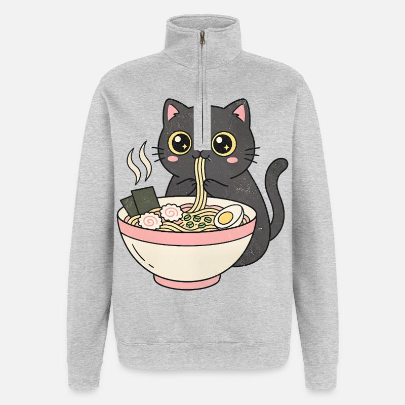 Chat ramen mignon, chat câlin - Sweat à zip 1/4 - gris chiné