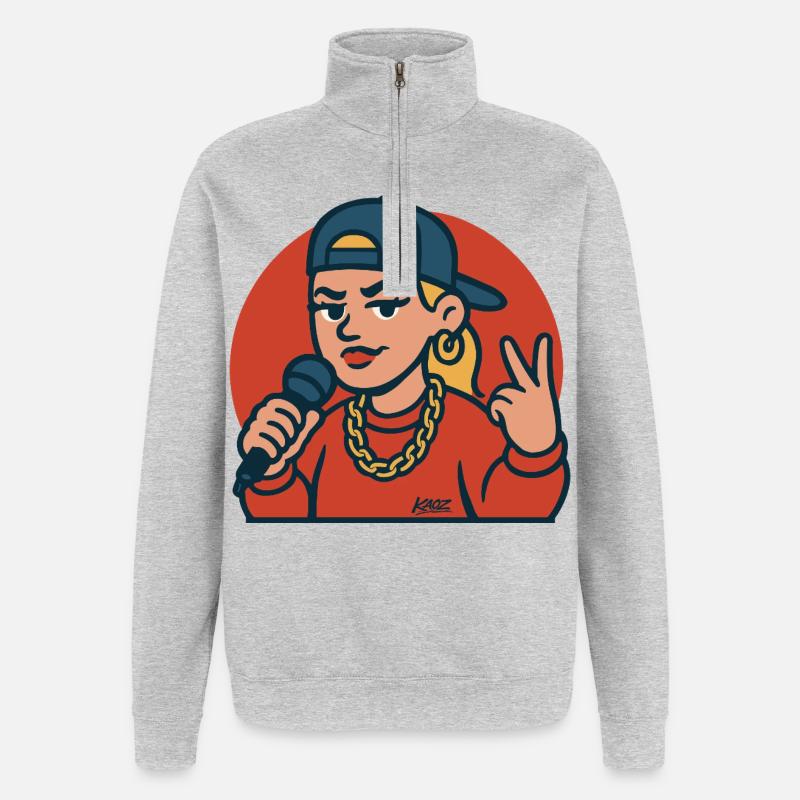 Rap-Diva mit Mikrofon - Quarter-Zip-Sweatshirt - Grau meliert