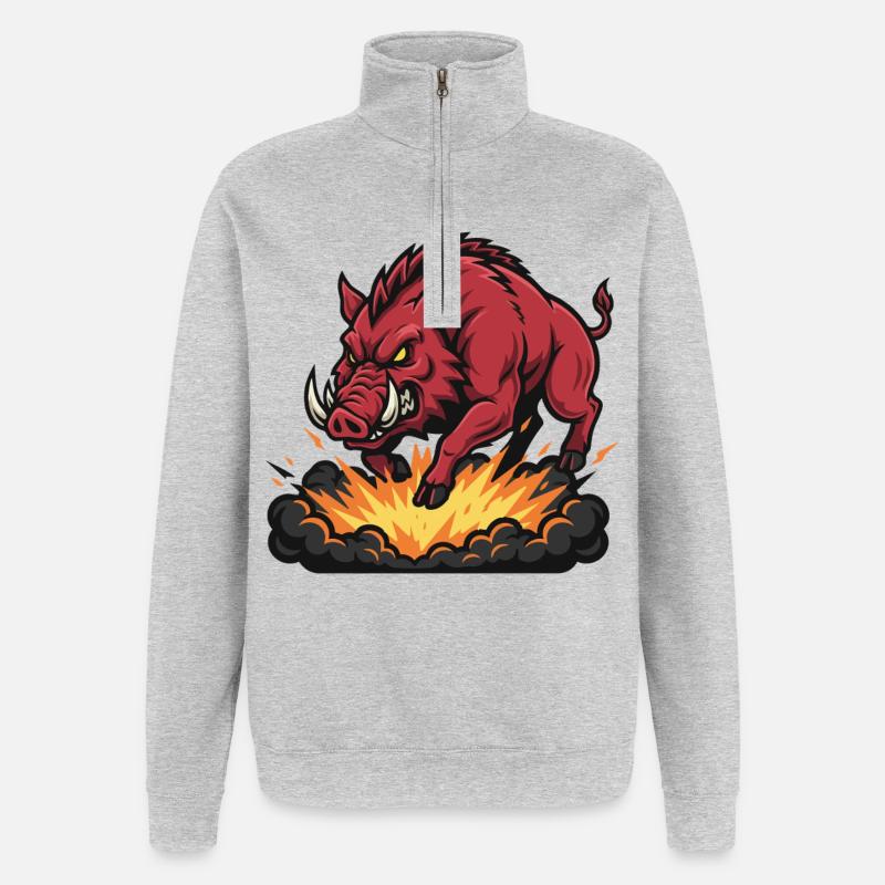 Sanglier Rouge Feu Explosion Mascotte Boar - Sweat à zip 1/4 - gris chiné