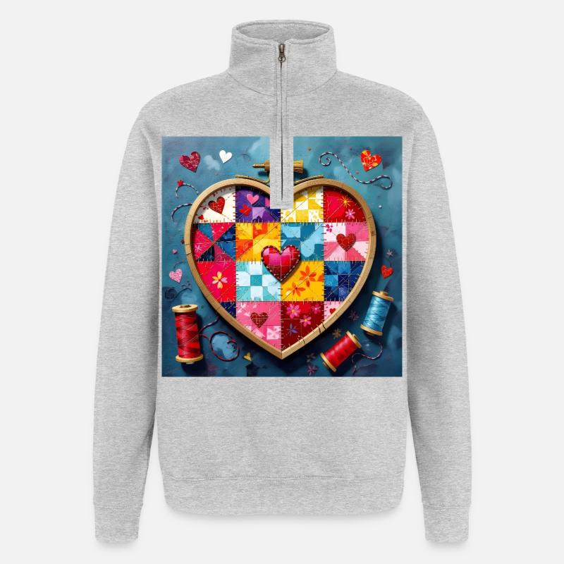 Art patchwork en cœur - Sweat à zip 1/4 - gris chiné