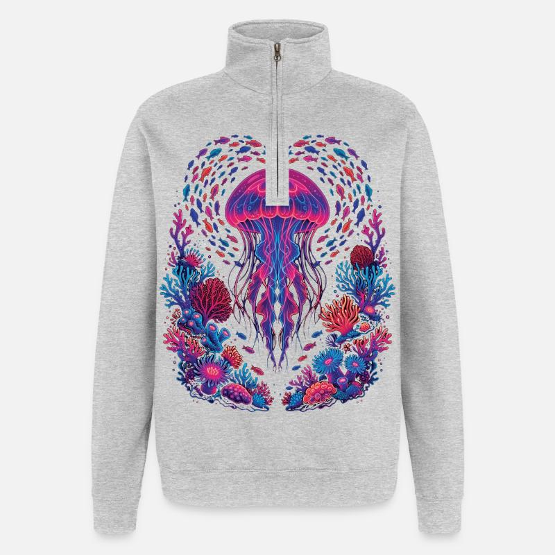 Retro Quallen-Ästhetischer Ozean - Quarter-Zip-Sweatshirt - Grau meliert