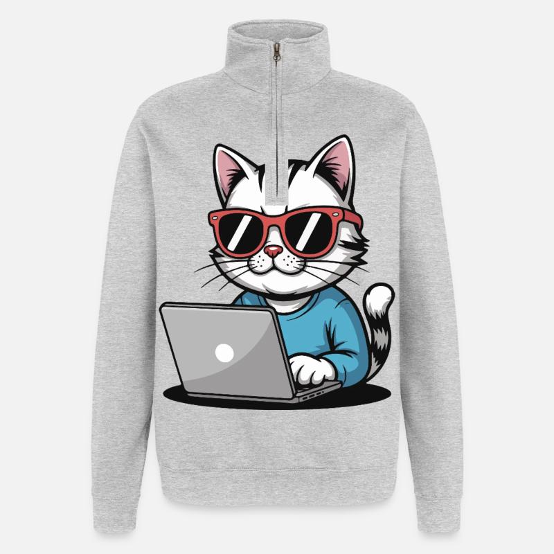 Cats_laptop - Sweat à zip 1/4 - gris chiné