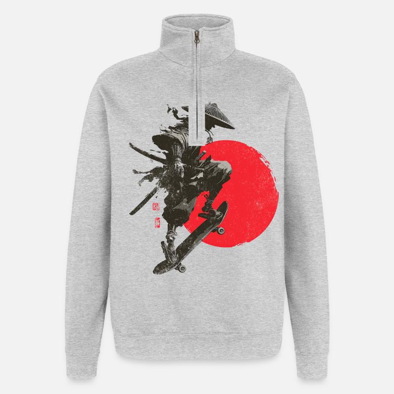 Silhouette eines Samurai-Skaters mit roter Sonne - Quarter-Zip-Sweatshirt - Grau meliert