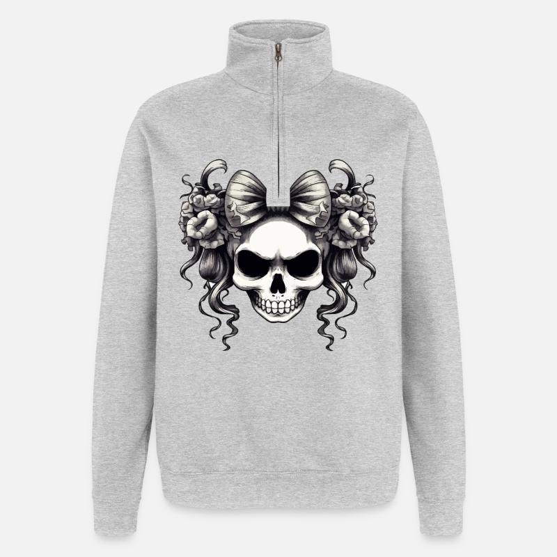 Schädel mit Schleife und Rosen - Quarter-Zip-Sweatshirt - Grau meliert
