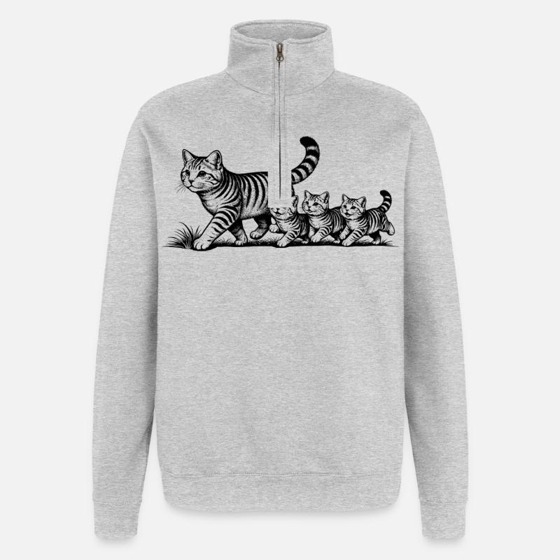 Mère chatte avec 3 chatons noirs - Sweat à zip 1/4 - gris chiné