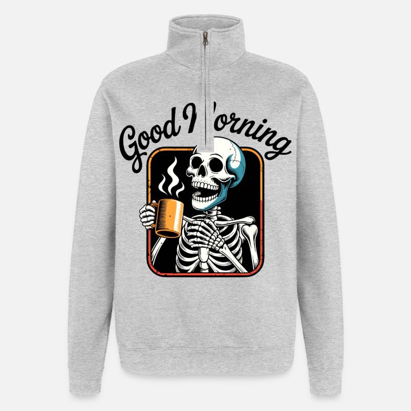Kaffee-Skelett mit dampfender Tasse - Quarter-Zip-Sweatshirt - Grau meliert