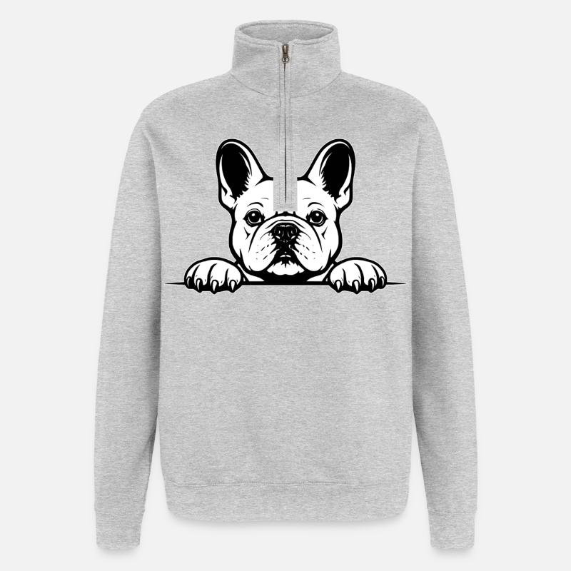 Bouledogue français noir et blanc - Sweat à zip 1/4 - gris chiné