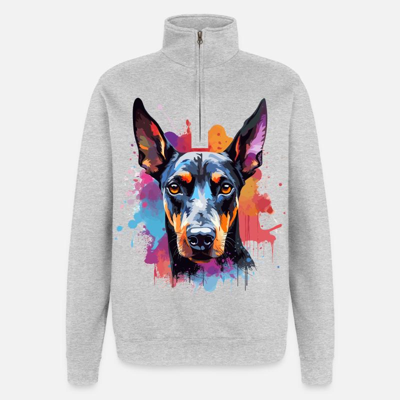 Portrait éclaboussé du Doberman vif - Sweat à zip 1/4 - gris chiné