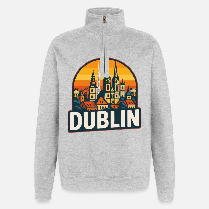 Dublin Ireland Retro Sunset Skyline Design - Sweat à zip 1/4 - gris chiné