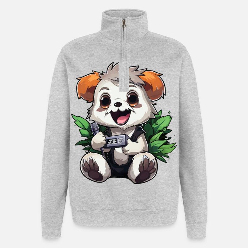 Panda Gamer mit Controller - Quarter-Zip-Sweatshirt - Grau meliert