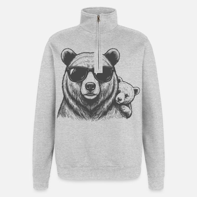 Bären Papa mit Baby - Quarter-Zip-Sweatshirt - Grau meliert