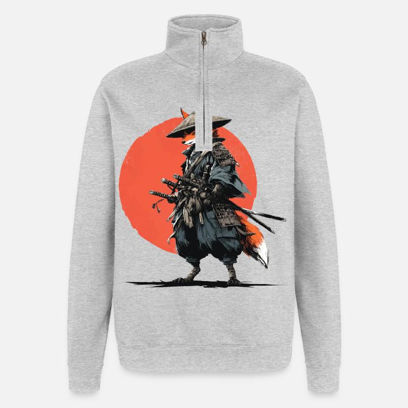 Fuchs-Samurai unter Ember Sun - Quarter-Zip-Sweatshirt - Grau meliert