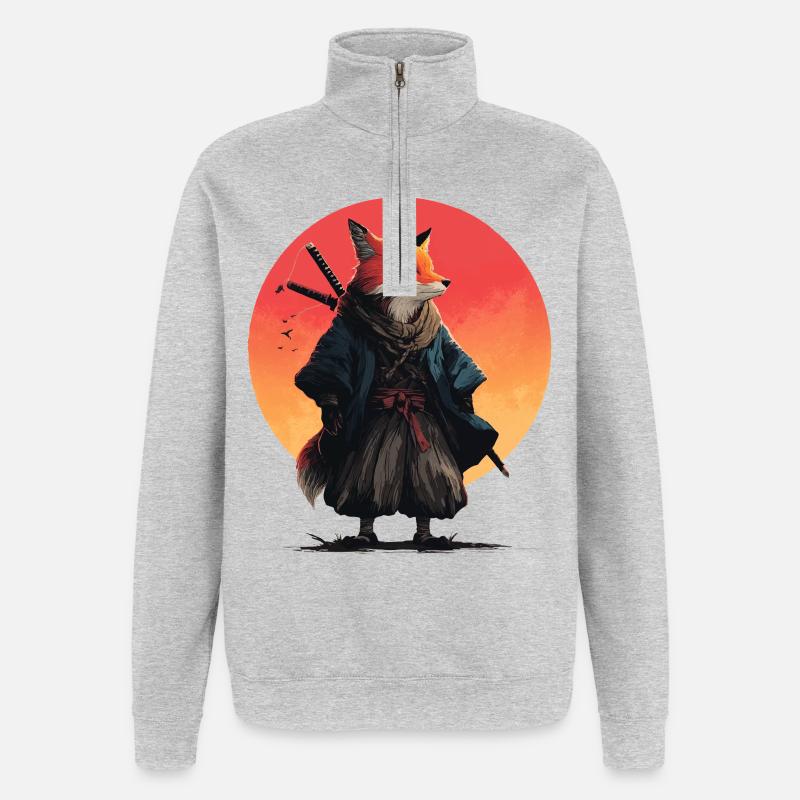 Fuchs-Samurai bei Sonnenuntergang - Quarter-Zip-Sweatshirt - Grau meliert