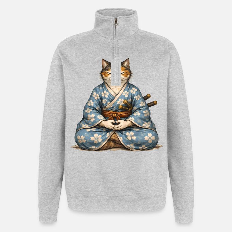 Zen-Samurai-Katzen-Meditationskimono - Quarter-Zip-Sweatshirt - Grau meliert