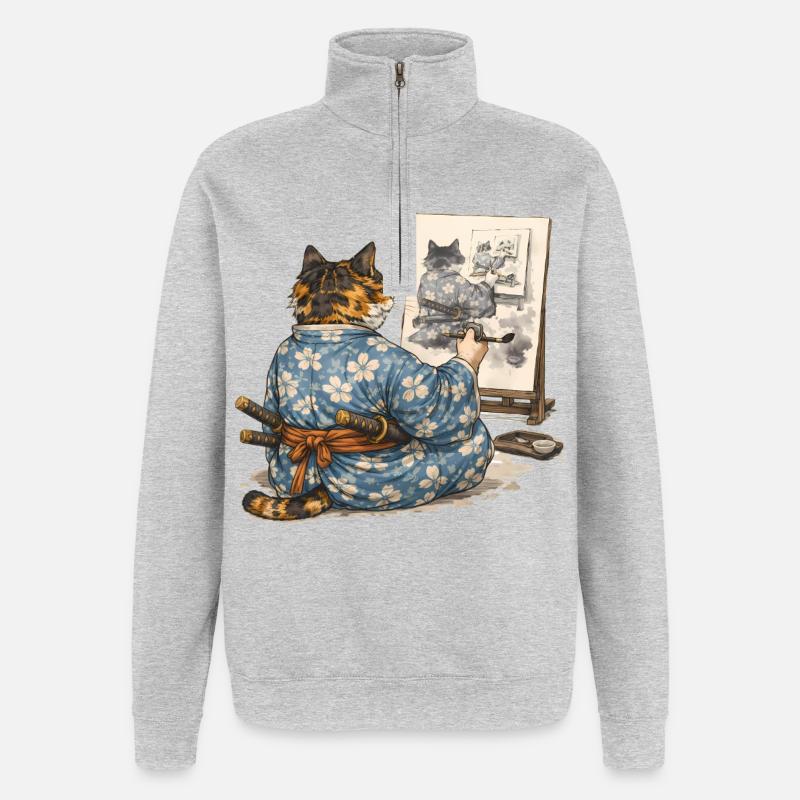 Samurai-Katzen-Malerei Sumi-e Ukiyo-e Kunst - Quarter-Zip-Sweatshirt - Grau meliert