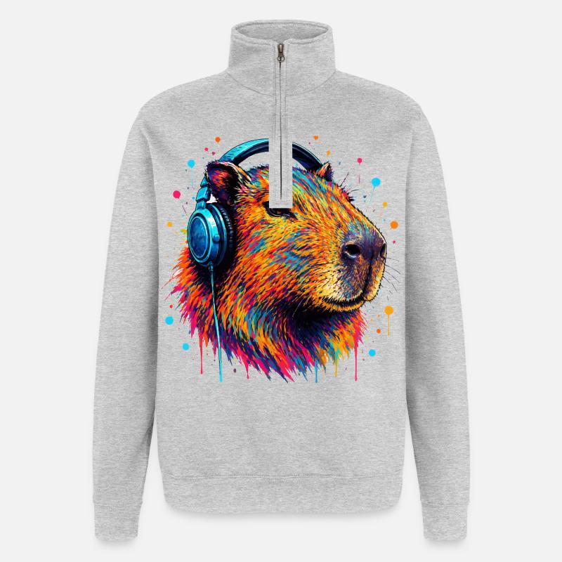 Bunte Kapibara mit Kopfhörern - Quarter-Zip-Sweatshirt - Grau meliert