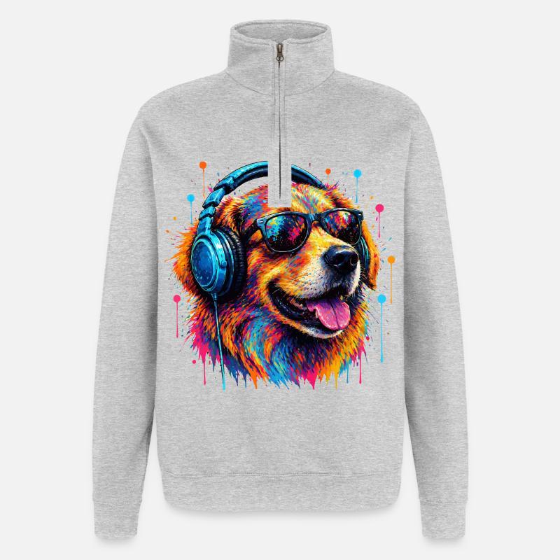 Bunter Hund mit Kopfhörern - Quarter-Zip-Sweatshirt - Grau meliert