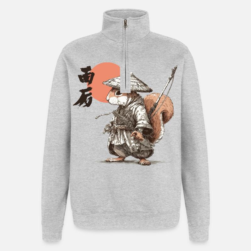 Samurai-Eichhörnchen unter roter Sonne - Quarter-Zip-Sweatshirt - Grau meliert