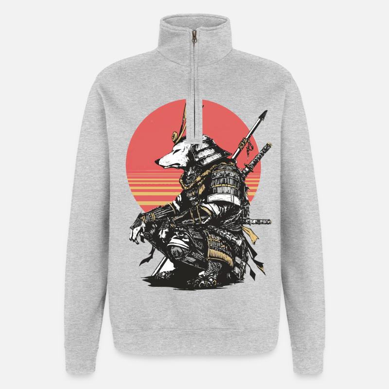 Wolf-Samurai in Sonnenuntergangsrüstung - Quarter-Zip-Sweatshirt - Grau meliert