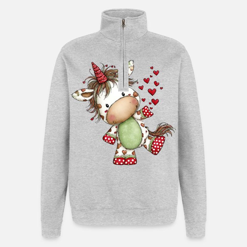 Süßes Herz-Einhorn: Verspieltes Comic-Design - Quarter-Zip-Sweatshirt - Grau meliert