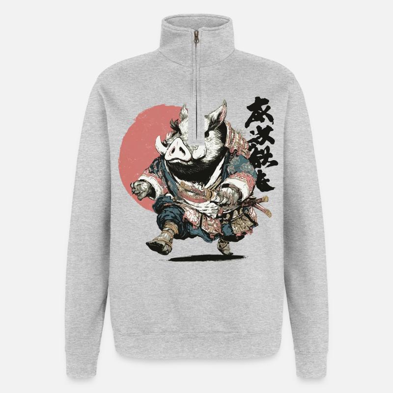 Boar Samurai in Ukiyo Armor - Quarter-Zip Sweatshirt - heather grey
