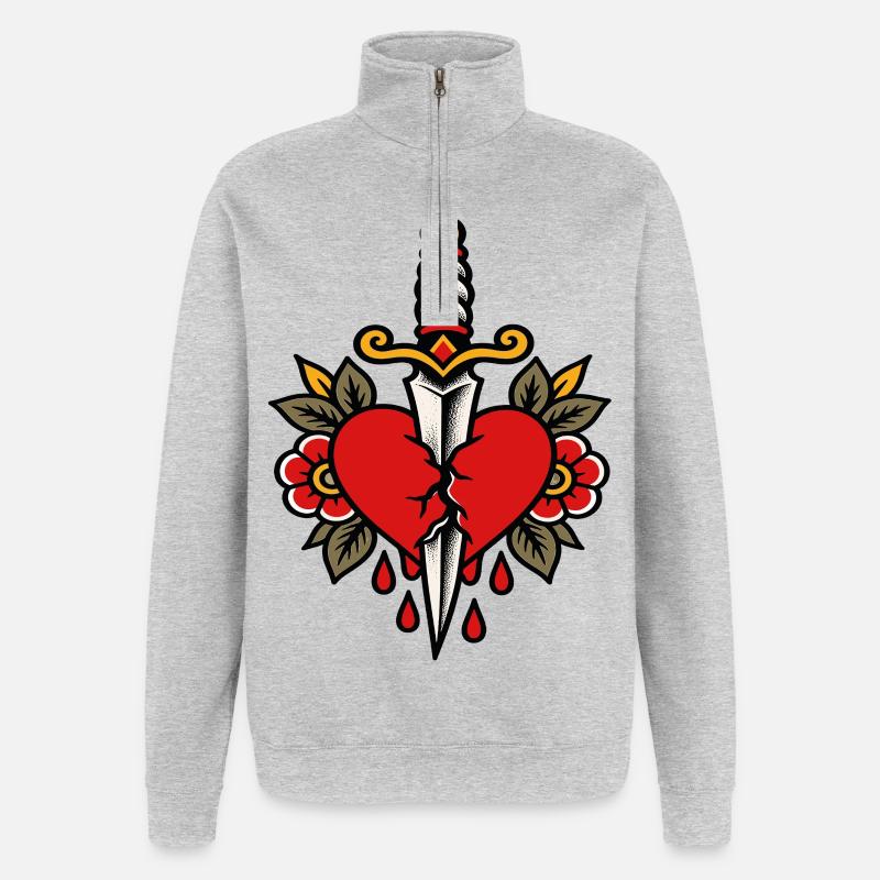 Herz-Pierced Dagger-Tattoo-Stil - Quarter-Zip-Sweatshirt - Grau meliert