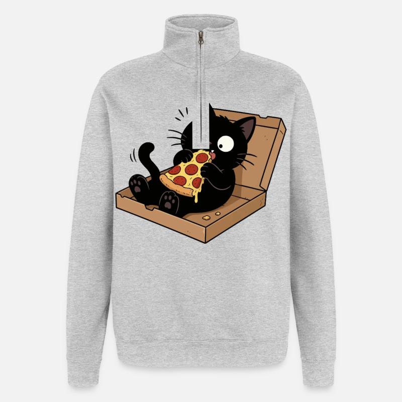 Chat noir savourant une pizza - Sweat à zip 1/4 - gris chiné