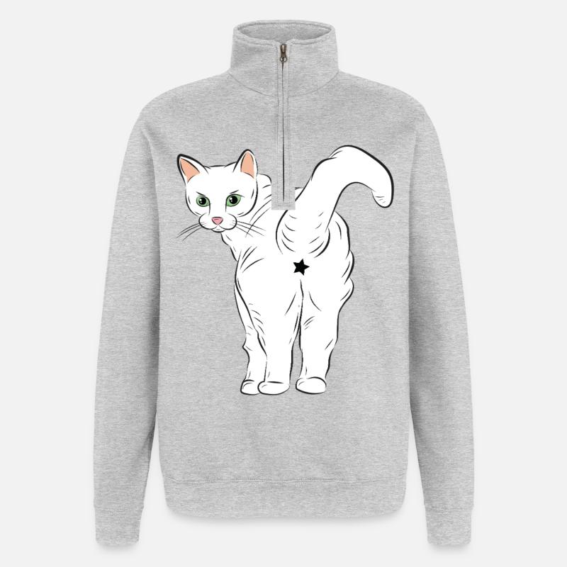 Weiße Katze mit Sternlogo - Quarter-Zip-Sweatshirt - Grau meliert