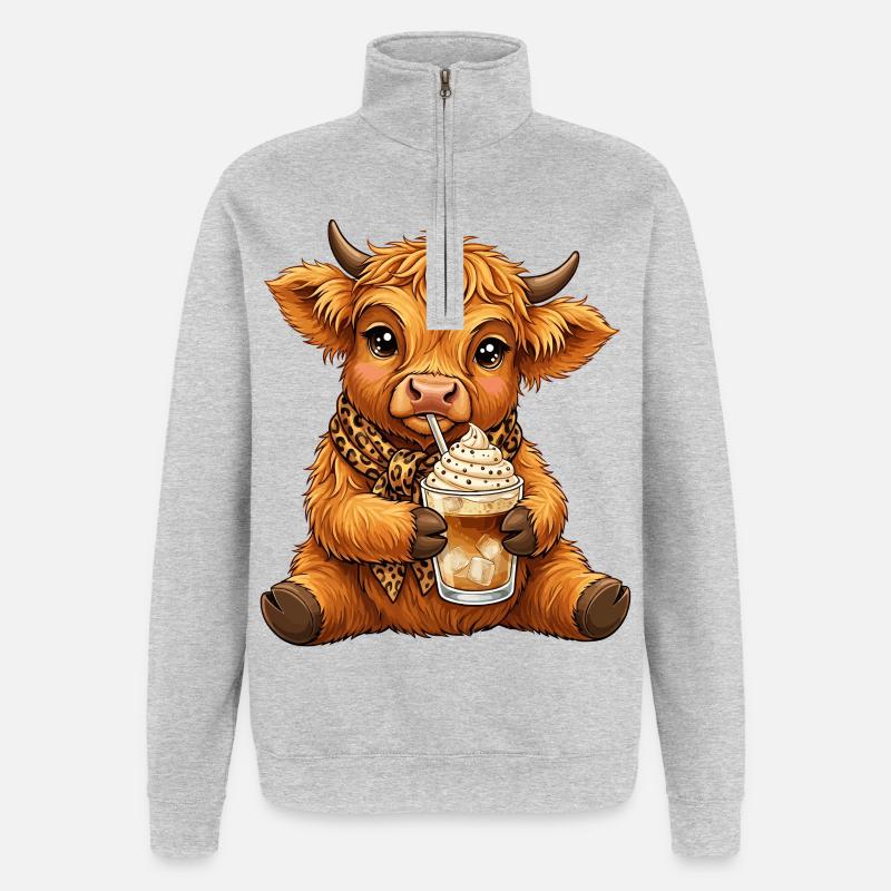 Highland Cow Eiskaffee - Quarter-Zip-Sweatshirt - Grau meliert
