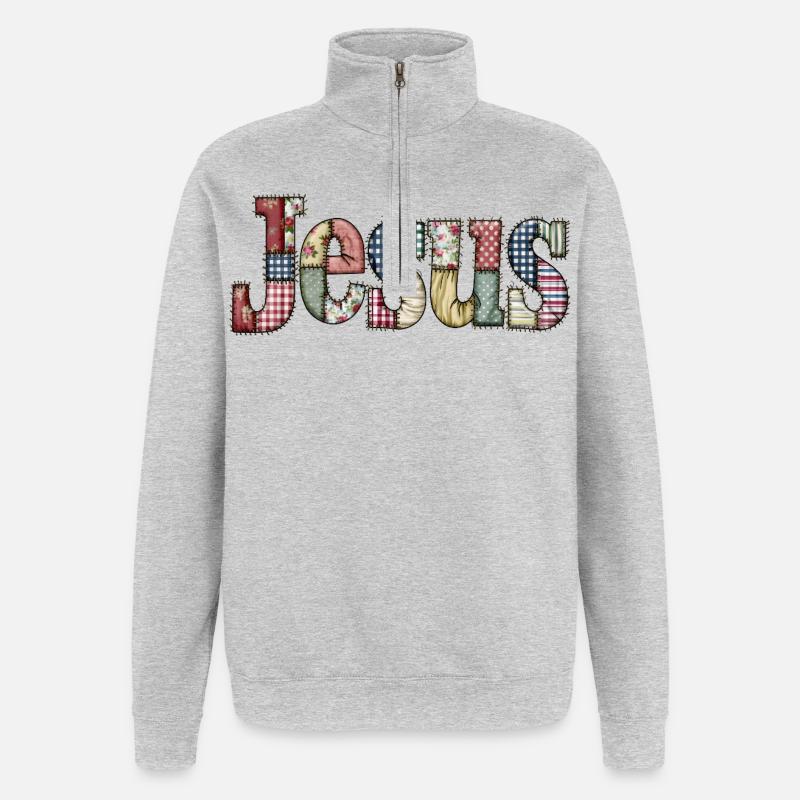 Lettrage Jésus en patchwork - Sweat à zip 1/4 - gris chiné