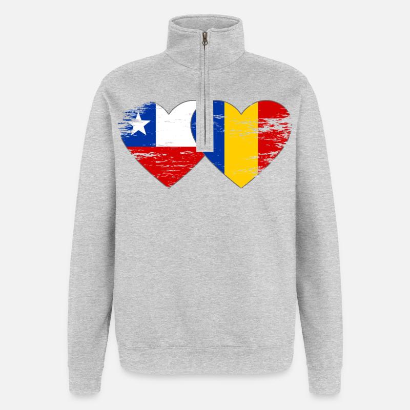 Cœur du drapeau Chili-Roumanie utilisé - Sweat à zip 1/4 - gris chiné