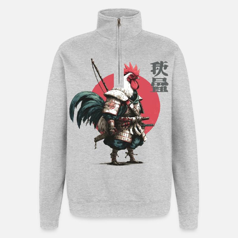 Rooster Samurai in Crimson Circle - Quarter-Zip Sweatshirt - heather grey