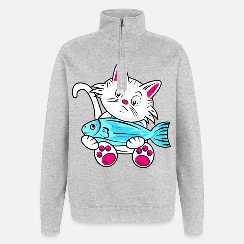 Small Cat and Blue Fish - Quarter-Zip Sweatshirt - heather grey