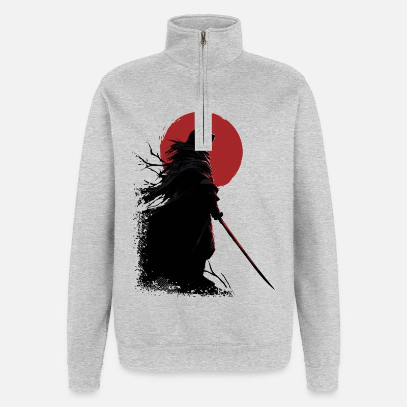 Samurai Katze - Quarter-Zip-Sweatshirt - Grau meliert