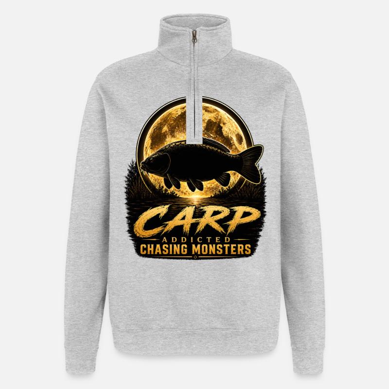 Mitternachtskarpfen-süchtiges Monsterfischen-Design - Quarter-Zip-Sweatshirt - Grau meliert