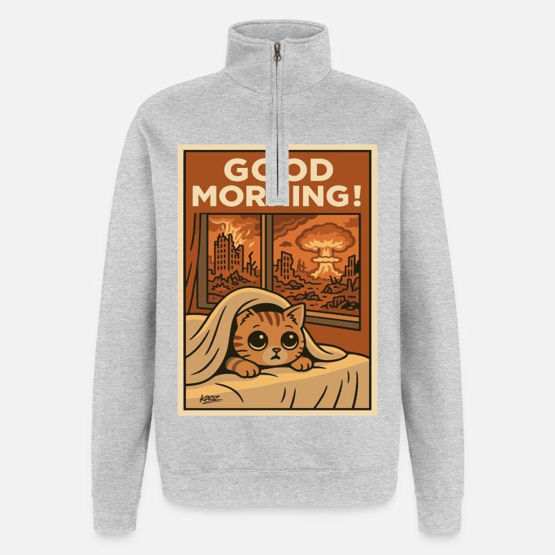 Good Morning: Apocalyptic Kitten - Quarter-Zip Sweatshirt - heather grey