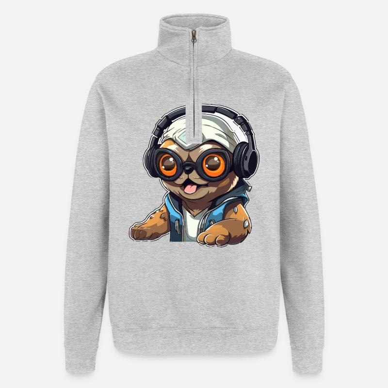 Gamer-Panda mit Headset - Quarter-Zip-Sweatshirt - Grau meliert