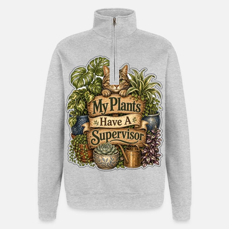 Mes plantes ont un chat superviseur - Sweat à zip 1/4 - gris chiné