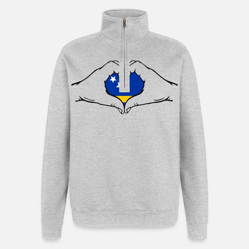 Curacao_Flagge_Hände_Herzform - Sweat à zip 1/4 - gris chiné