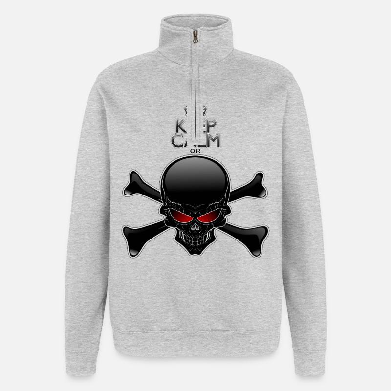 Bleib ruhig oder sterbe, Schwarzer Schädel - Quarter-Zip-Sweatshirt - Grau meliert