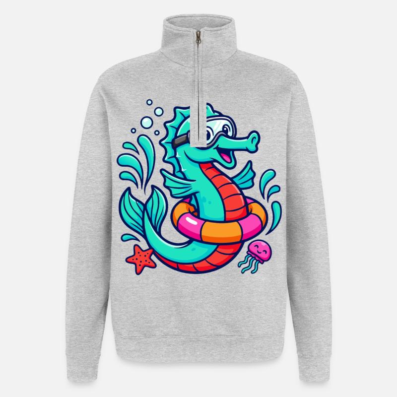 Cooles Seepferd - Quarter-Zip-Sweatshirt - Grau meliert