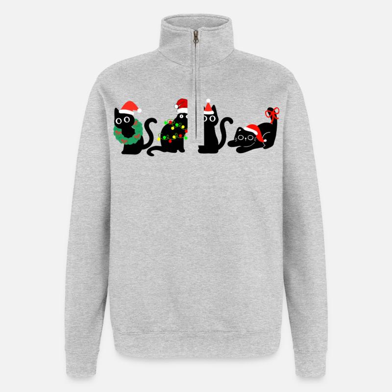 Chat à Noël - Sweat à zip 1/4 - gris chiné