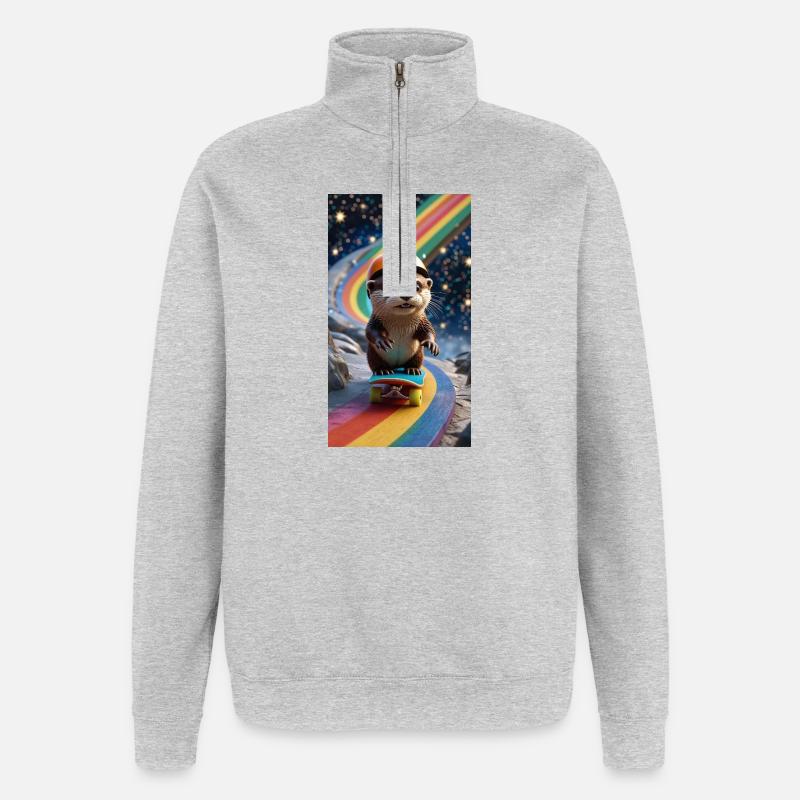 Supersportlicher Otter mit Regenbogenbahn - Quarter-Zip-Sweatshirt - Grau meliert
